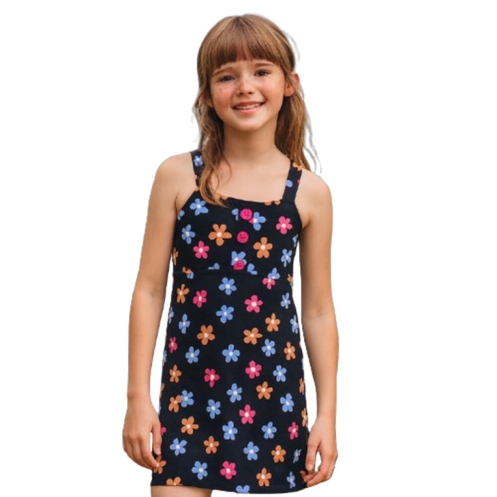 Jenna & Jessie Black Floral Pique Mini Dress Girls 10 Stretch
